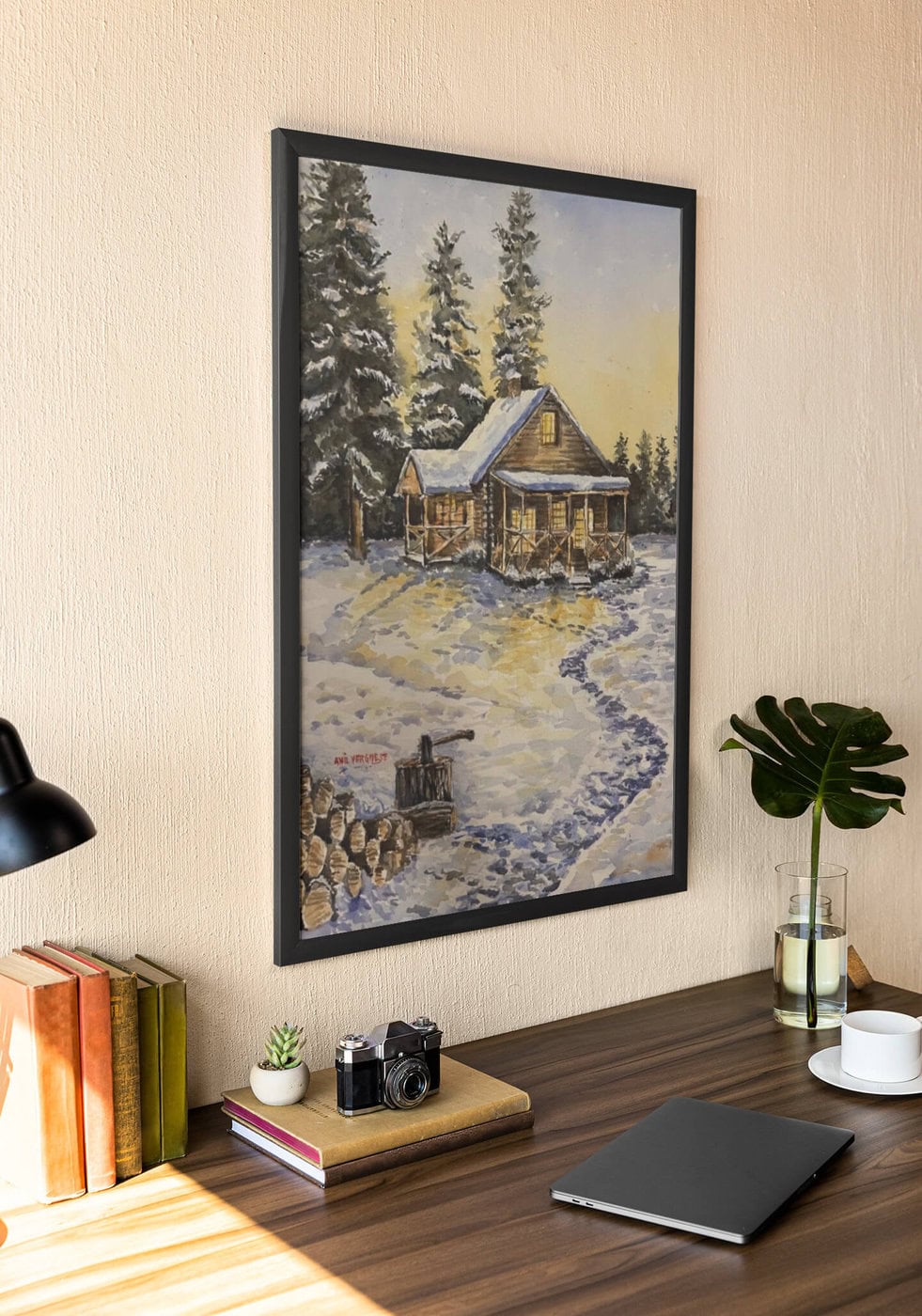 Log House and Snow - Anil Veghese Art 