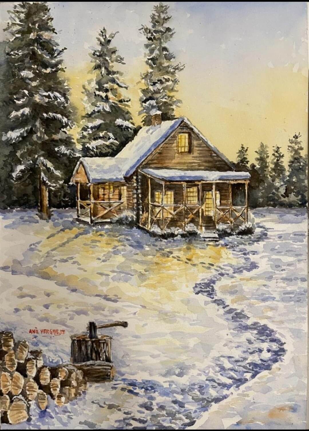 Log House and Snow - Anil Veghese Art